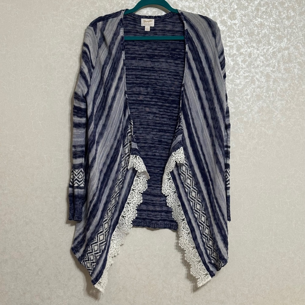 Wrangler Blue Striped Lace Trim Draped Open Front Knit Cardigan Sweater Boho L